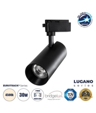 GloboStar® LUGANO 60816 Μονοφασικό Φωτιστικό Σποτ Ράγας LED 30W 3750lm 36° Acrylic HQ LENS AC 220-240V IP20 Φ7.5 x Υ22.7cm Φυσικό Λευκό 4500K - EUROTRACK® System 1L+1N - Μαύρο - Bridgelux Chip - TÜV Certified Driver - 5 Χρόνια Εγγύηση